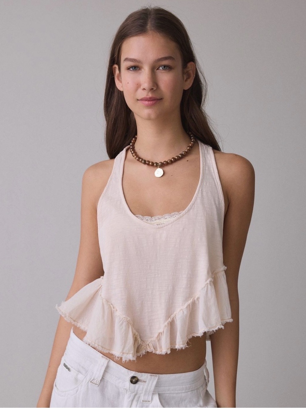 NWT BDG Millie Raw-Edge Ruffle Racerback Crop Tank Top 108158320 White size S